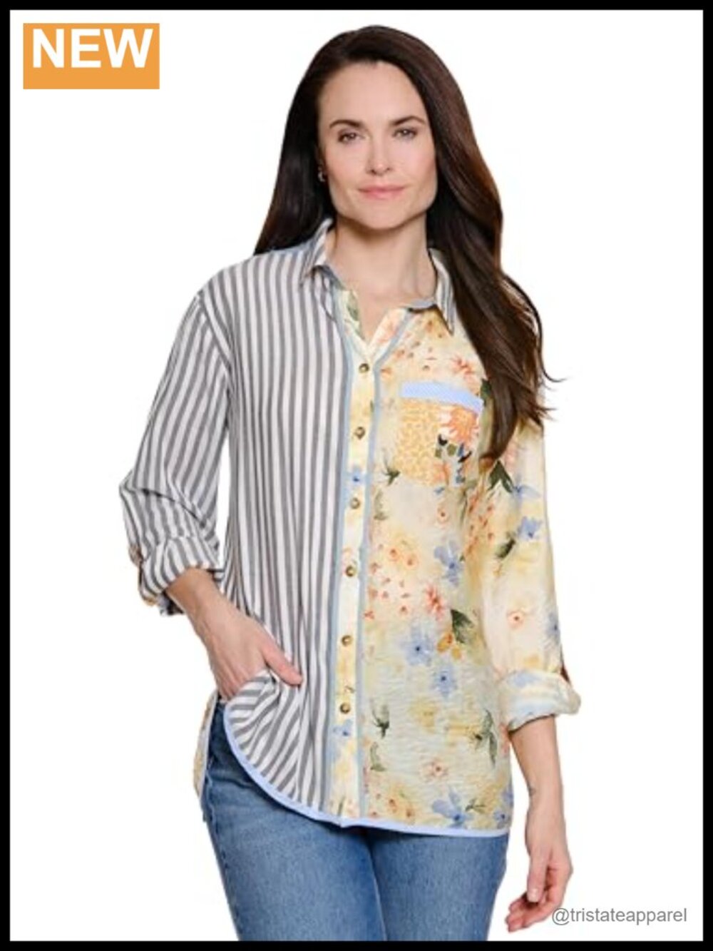 Women's Woven Mix Print Long Sleeve Roll Tab Button Down Blouse Tunic 100% Rayon